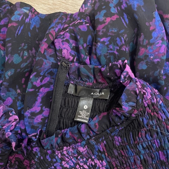 Aqua Purple Pattern Smocked Mini Dress Long Sleeves High Neck Size Small - Picture 10 of 13